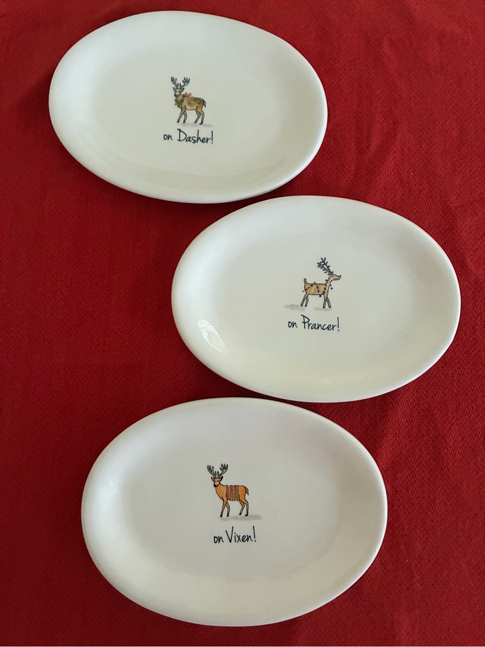 NWT 3 Rae Dun Christmas Reindeer Plates - On Dasher, On Prancer, On Vixen NEW
